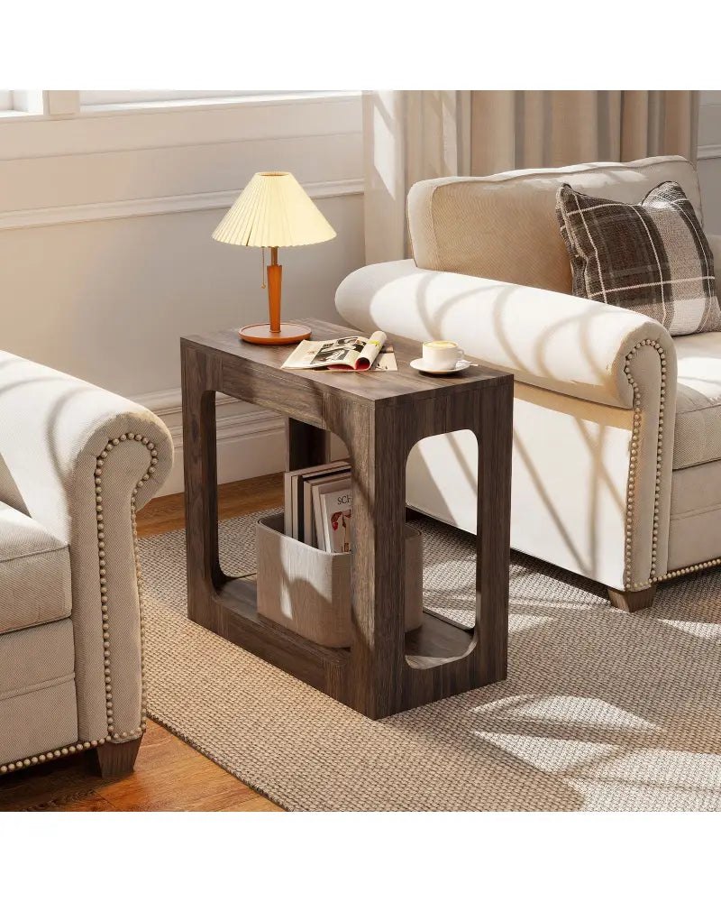 2-Tier End Table with Storage Shelf for Living Room-Walnut - Walnut - End & Side Tables