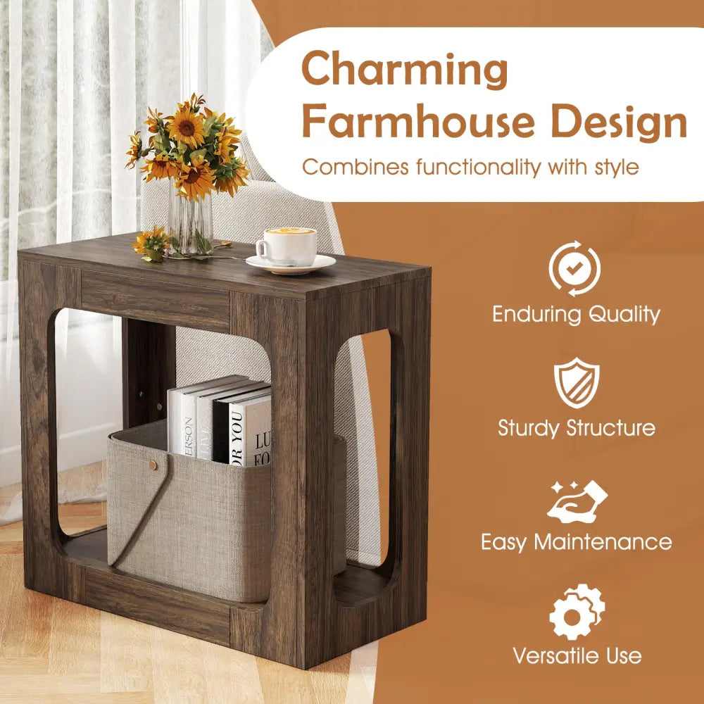 2-Tier End Table with Storage Shelf for Living Room-Walnut - Walnut - End & Side Tables