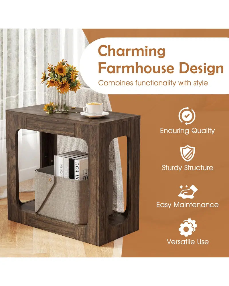 2-Tier End Table with Storage Shelf for Living Room-Walnut - Walnut - End & Side Tables