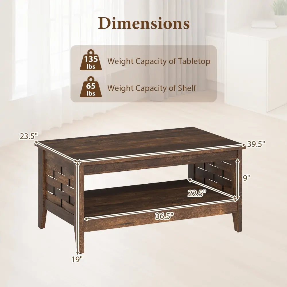 2-Tier Farmhouse Coffee Table with Open Shelf and Woven Decorations for Living Room-Rustic Brown Costway