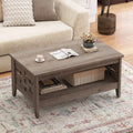 2-Tier Farmhouse Coffee Table with Open Shelf and Woven Decorations for Living Room-Oak Costway