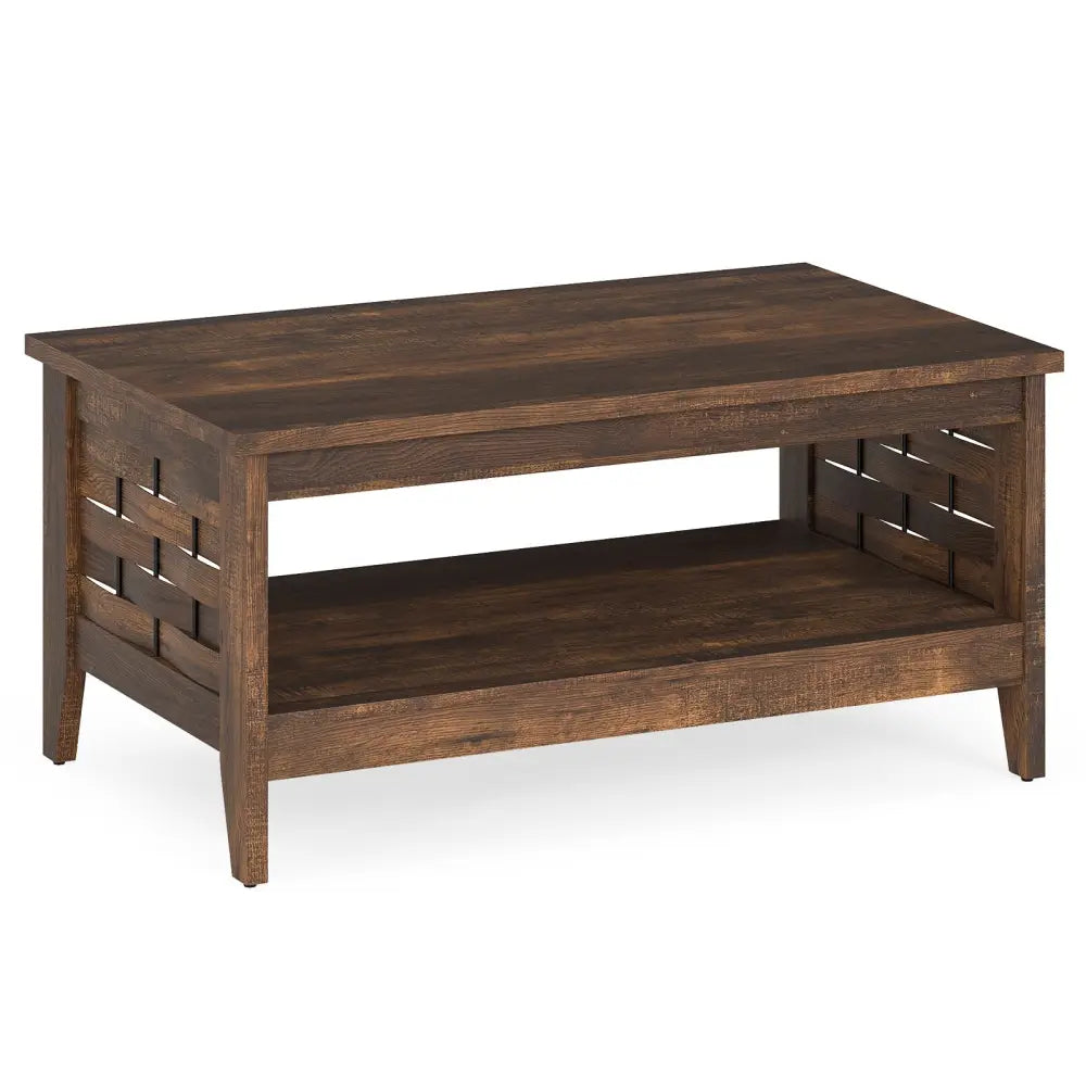 2-Tier Farmhouse Coffee Table with Open Shelf and Woven Decorations for Living Room-Rustic Brown Costway