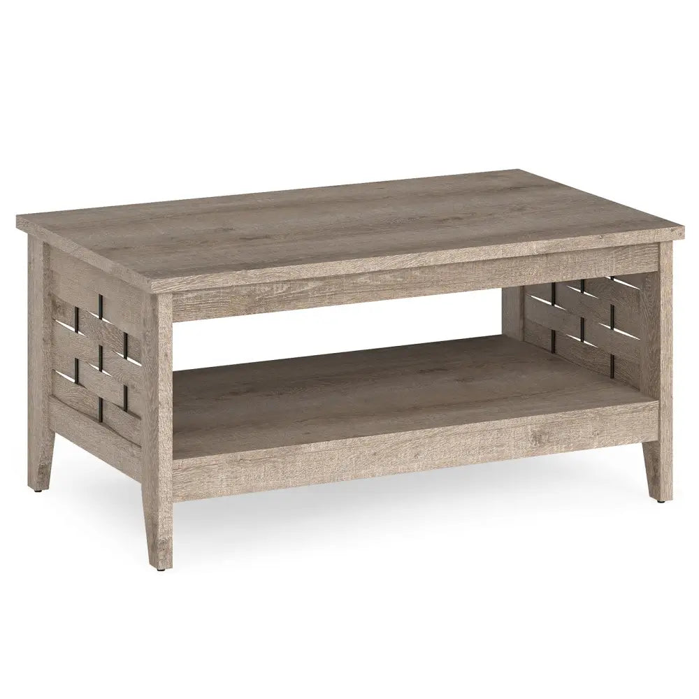 2-Tier Farmhouse Coffee Table with Open Shelf and Woven Decorations for Living Room-Oak Costway