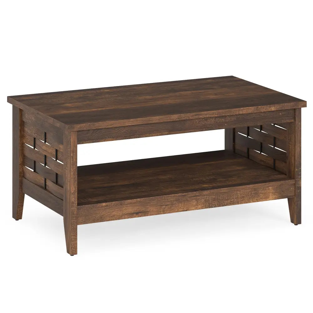 2-Tier Farmhouse Coffee Table with Open Shelf and Woven Decorations for Living Room-Rustic Brown - Rustic Brown