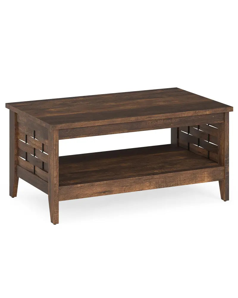 2-Tier Farmhouse Coffee Table with Open Shelf and Woven Decorations for Living Room-Rustic Brown - Rustic Brown