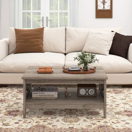 2-Tier Farmhouse Coffee Table with Open Shelf and Woven Decorations for Living Room-Oak Costway