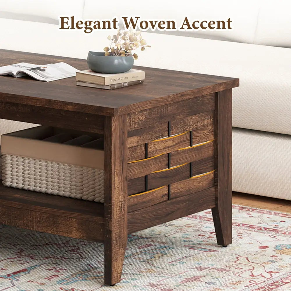 2-Tier Farmhouse Coffee Table with Open Shelf and Woven Decorations for Living Room-Rustic Brown Costway