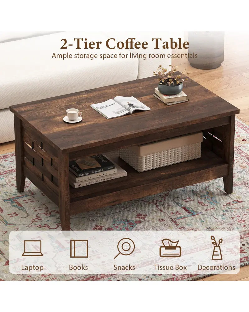 2-Tier Farmhouse Coffee Table with Open Shelf and Woven Decorations for Living Room-Rustic Brown - Rustic Brown