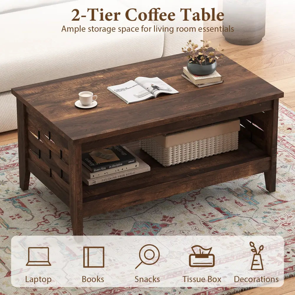 2-Tier Farmhouse Coffee Table with Open Shelf and Woven Decorations for Living Room-Rustic Brown - Rustic Brown