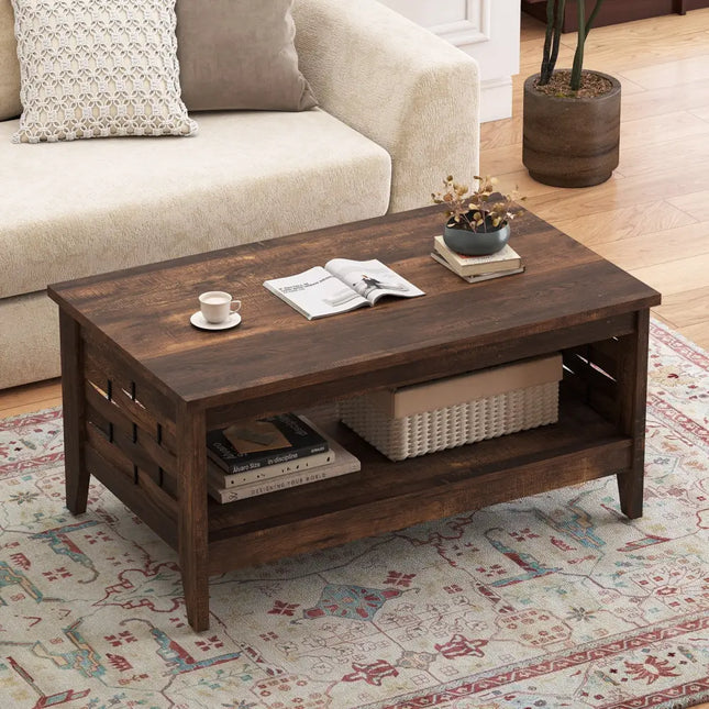 2-Tier Farmhouse Coffee Table with Open Shelf and Woven Decorations for Living Room-Rustic Brown Costway