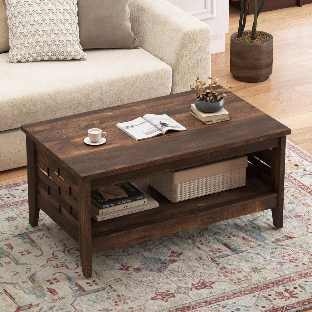 2-Tier Farmhouse Coffee Table with Open Shelf and Woven Decorations for Living Room-Rustic Brown Costway