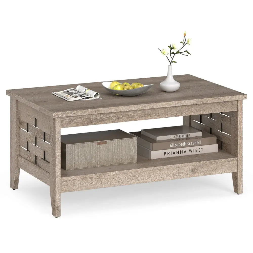 2-Tier Farmhouse Coffee Table with Open Shelf and Woven Decorations for Living Room-Oak Costway