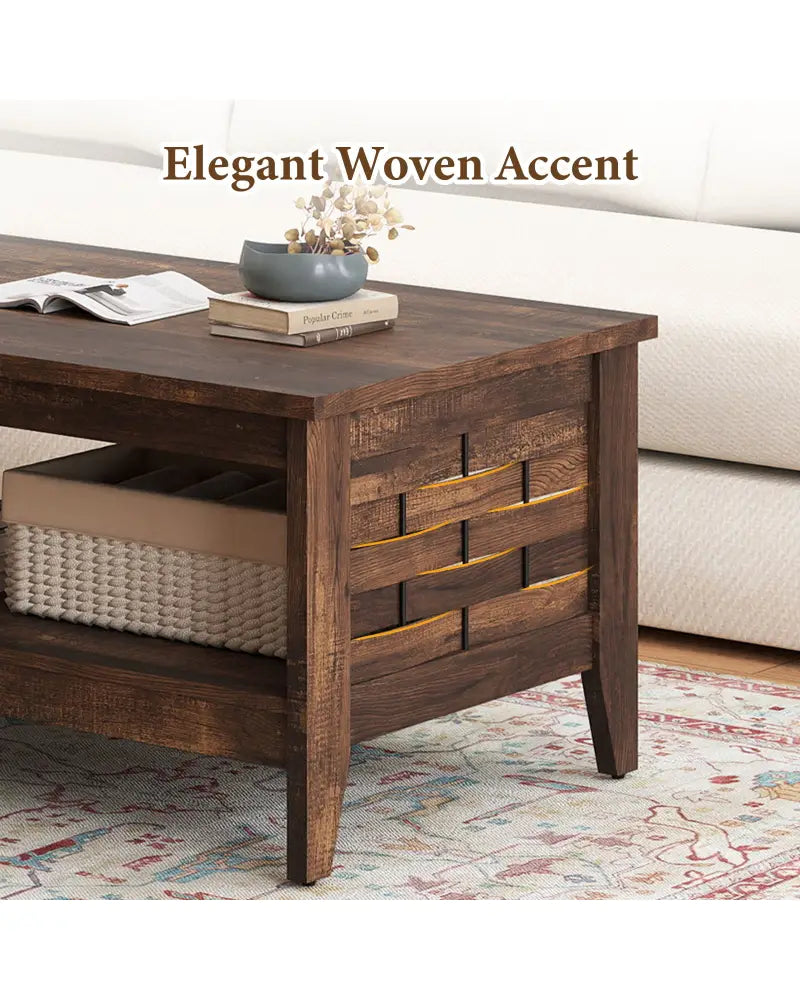 2-Tier Farmhouse Coffee Table with Open Shelf and Woven Decorations for Living Room-Rustic Brown - Rustic Brown