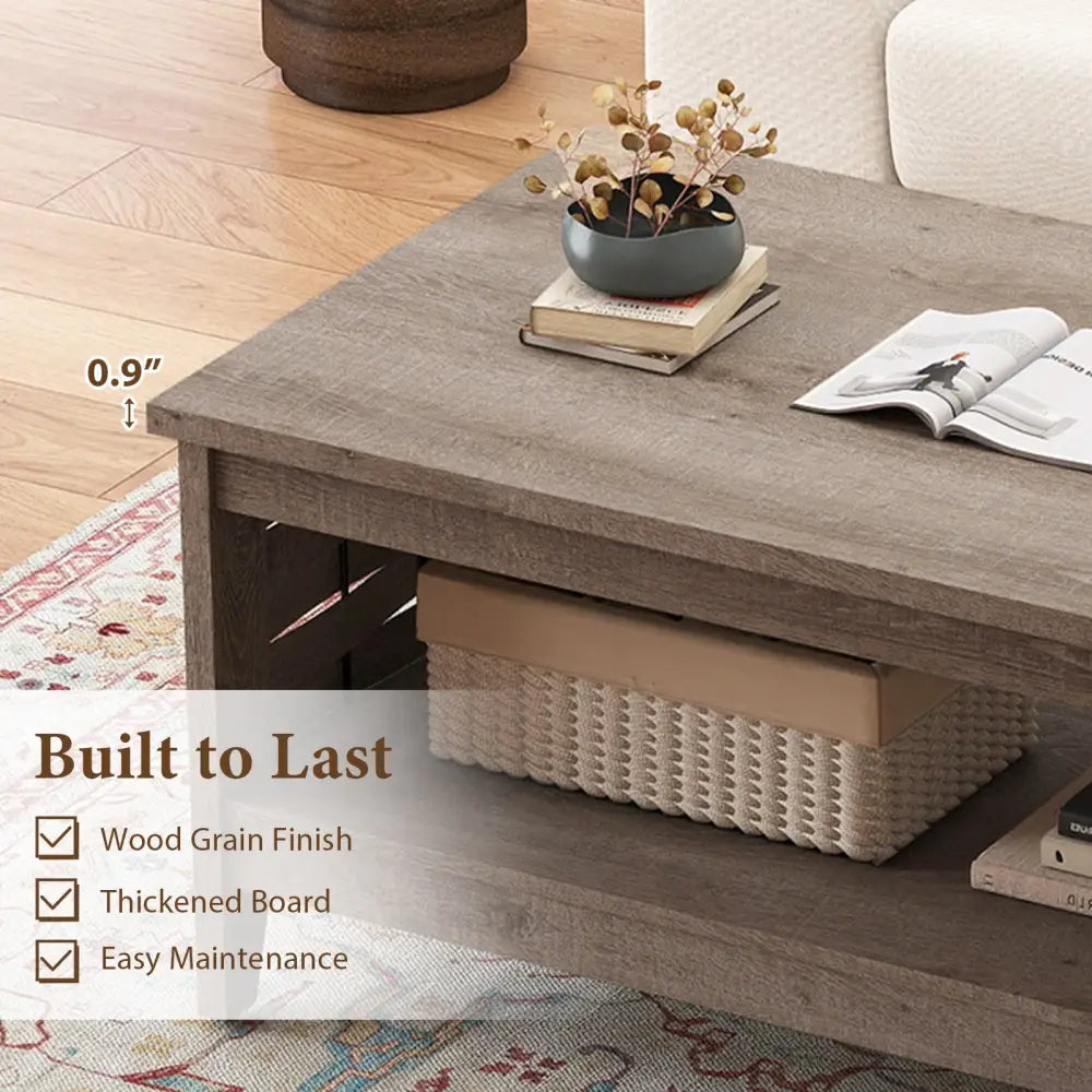 2-Tier Farmhouse Coffee Table with Open Shelf and Woven Decorations for Living Room-Oak Costway