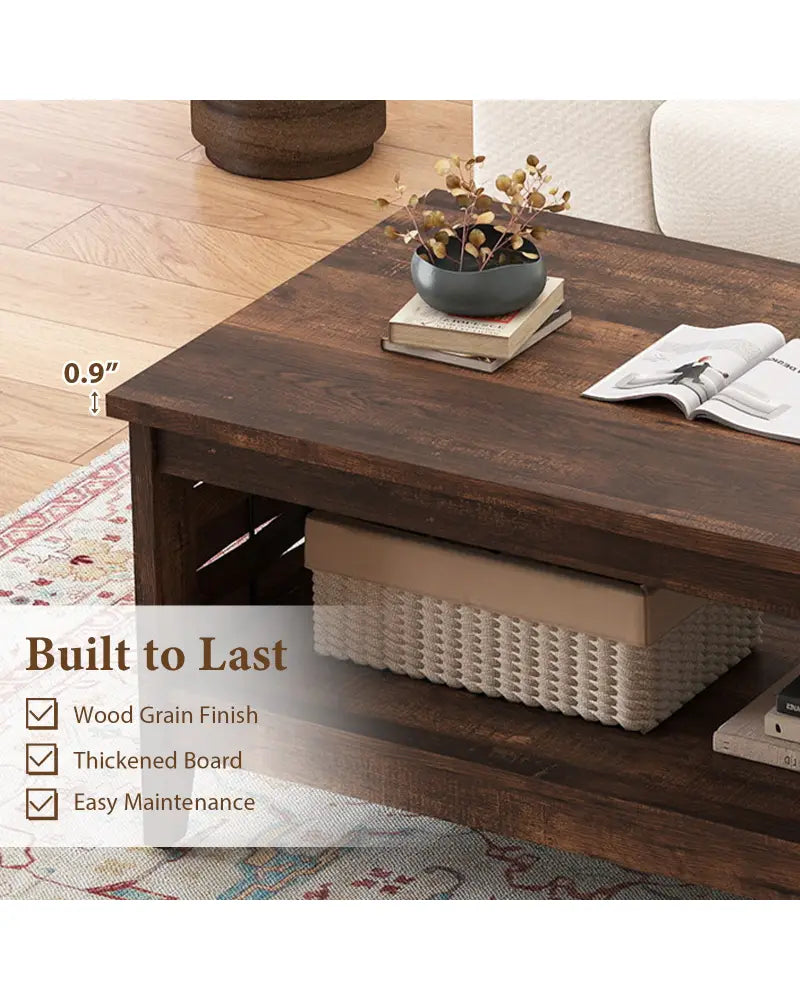 2-Tier Farmhouse Coffee Table with Open Shelf and Woven Decorations for Living Room-Rustic Brown - Rustic Brown