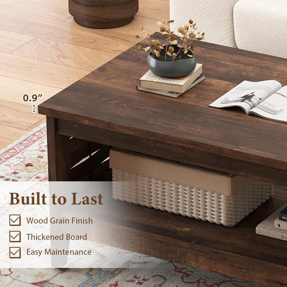 2-Tier Farmhouse Coffee Table with Open Shelf and Woven Decorations for Living Room-Rustic Brown Costway
