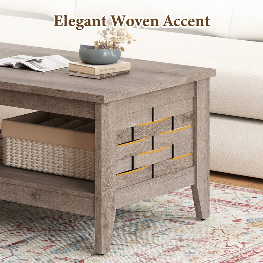 2-Tier Farmhouse Coffee Table with Open Shelf and Woven Decorations for Living Room-Oak Costway