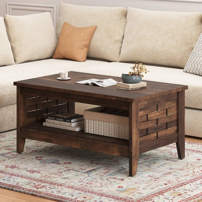 2-Tier Farmhouse Coffee Table with Open Shelf and Woven Decorations for Living Room-Rustic Brown Costway
