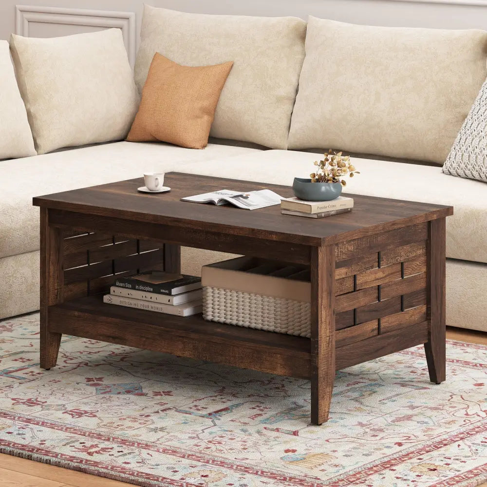 2-Tier Farmhouse Coffee Table with Open Shelf and Woven Decorations for Living Room-Rustic Brown Costway