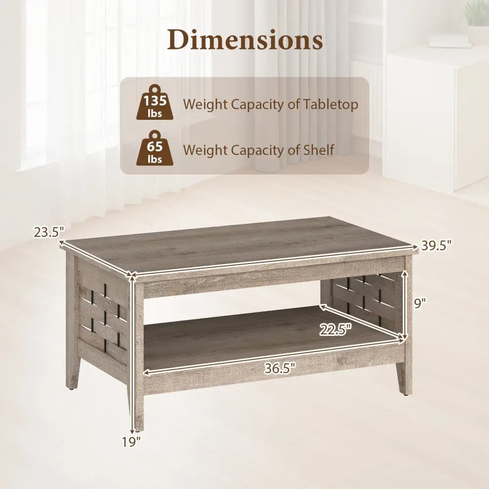 2-Tier Farmhouse Coffee Table with Open Shelf and Woven Decorations for Living Room-Oak Costway