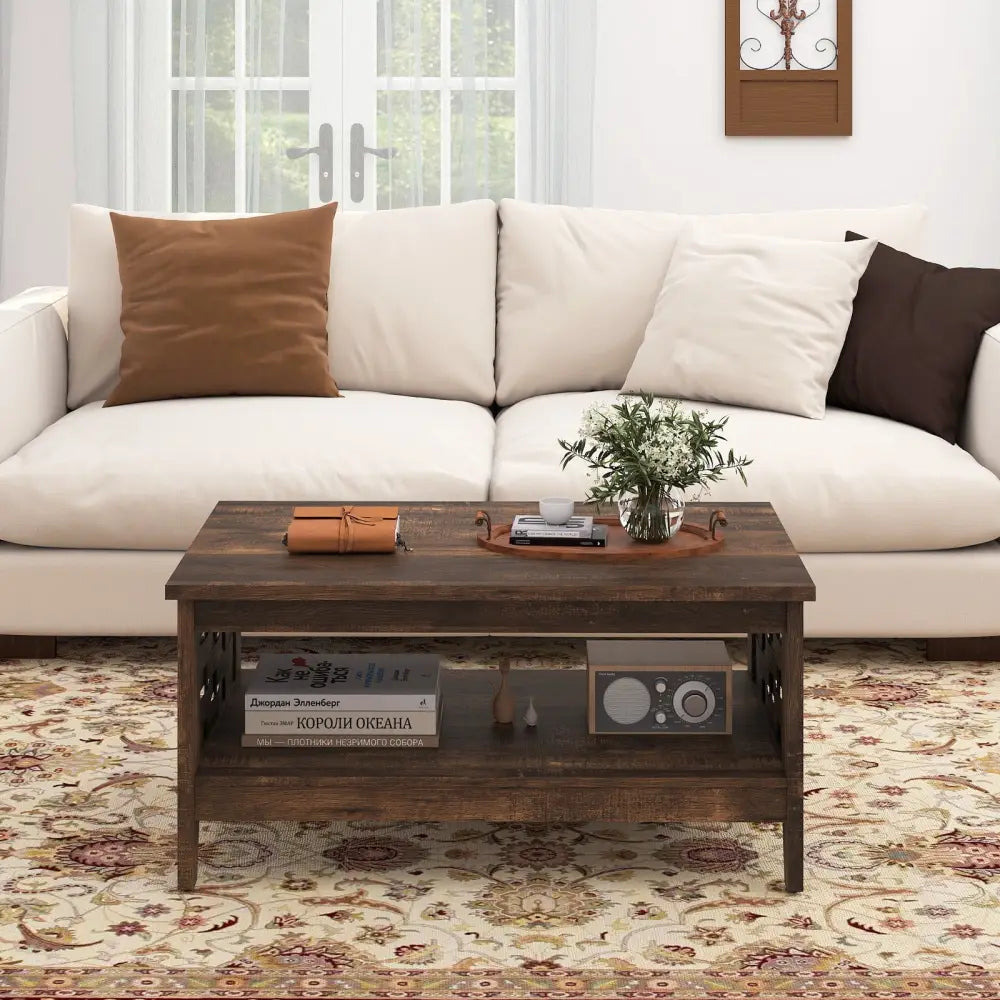 2-Tier Farmhouse Coffee Table with Open Shelf and Woven Decorations for Living Room-Rustic Brown Costway