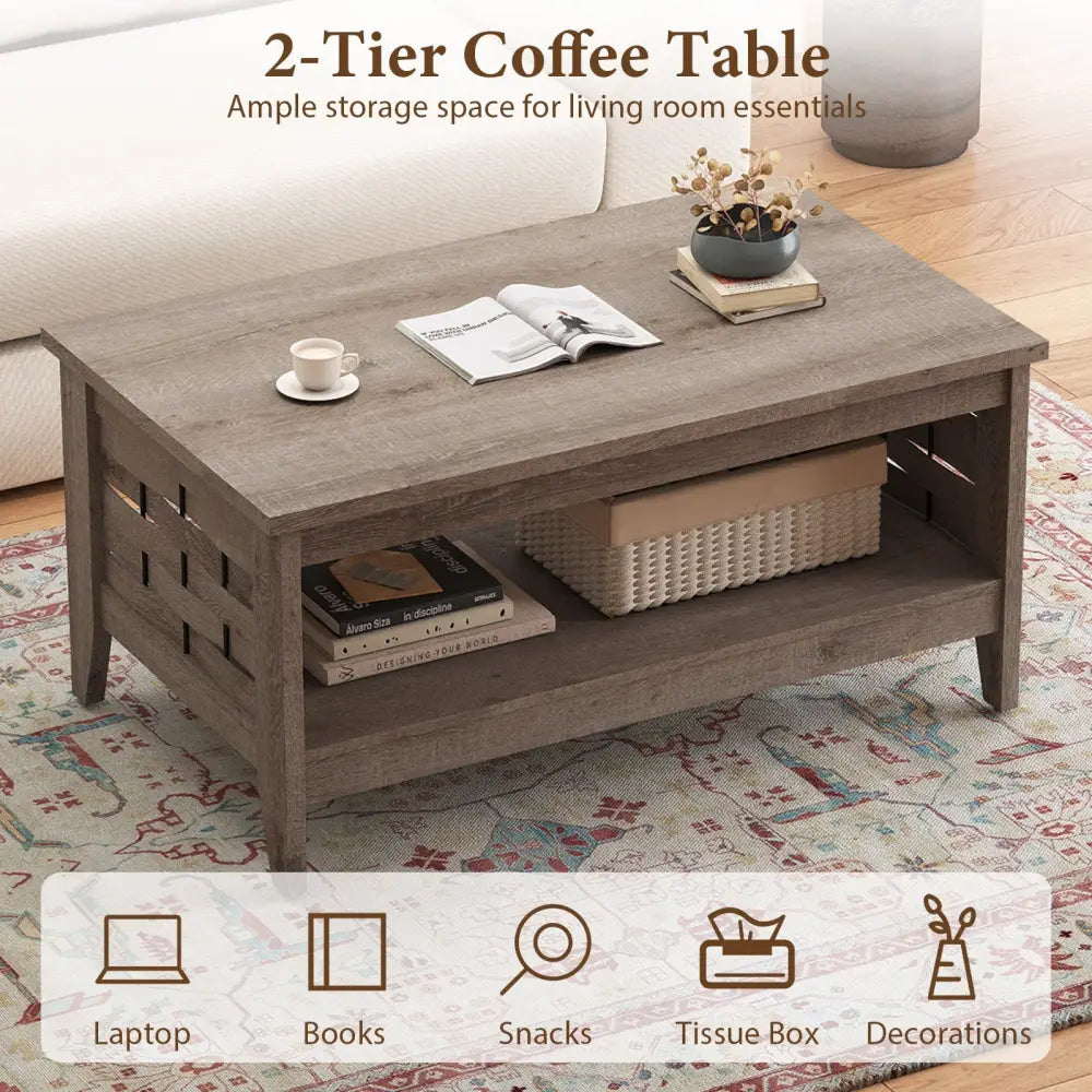 2-Tier Farmhouse Coffee Table with Open Shelf and Woven Decorations for Living Room-Oak Costway