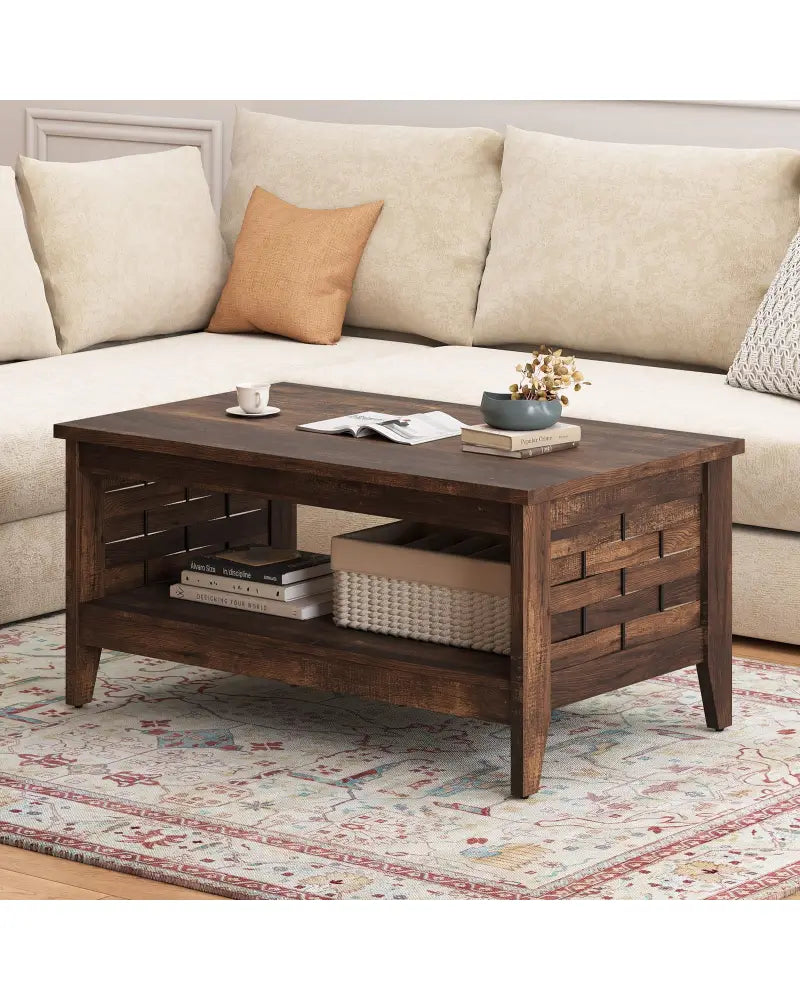 2-Tier Farmhouse Coffee Table with Open Shelf and Woven Decorations for Living Room-Rustic Brown - Rustic Brown