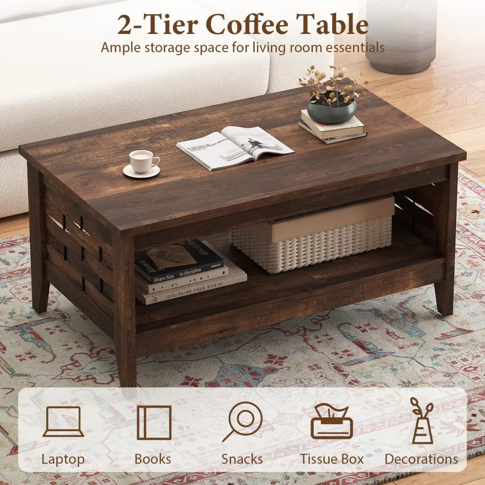 2-Tier Farmhouse Coffee Table with Open Shelf and Woven Decorations for Living Room-Rustic Brown Costway