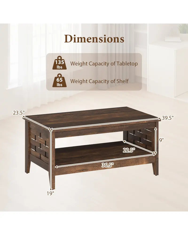 2-Tier Farmhouse Coffee Table with Open Shelf and Woven Decorations for Living Room-Rustic Brown - Rustic Brown