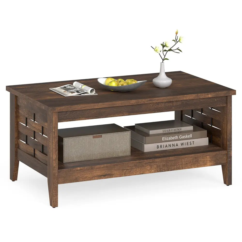 2-Tier Farmhouse Coffee Table with Open Shelf and Woven Decorations for Living Room-Rustic Brown Costway