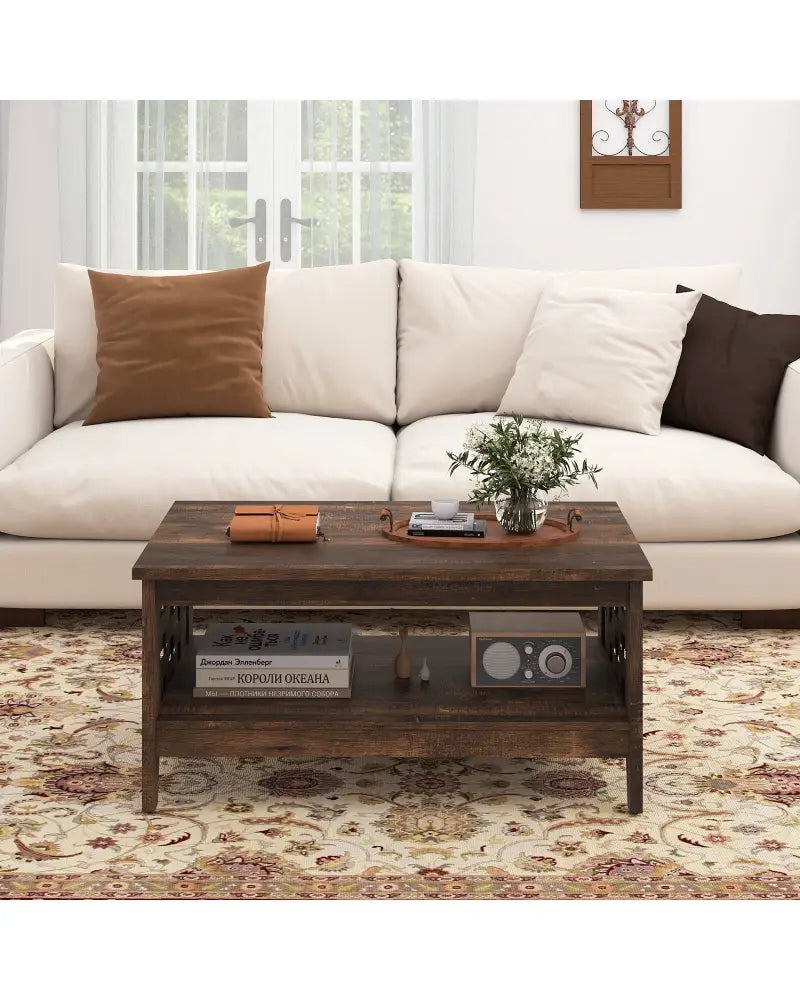2-Tier Farmhouse Coffee Table with Open Shelf and Woven Decorations for Living Room-Rustic Brown - Rustic Brown