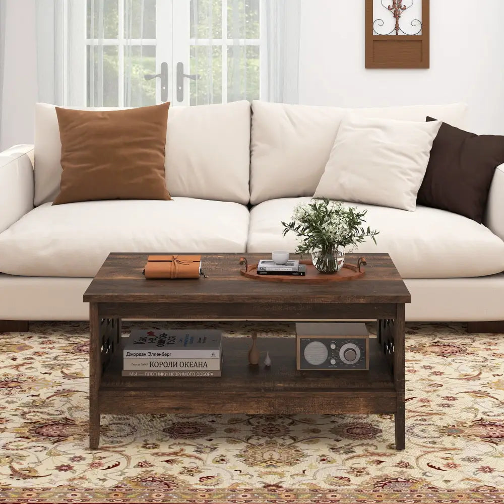 2-Tier Farmhouse Coffee Table with Open Shelf and Woven Decorations for Living Room-Rustic Brown - Rustic Brown