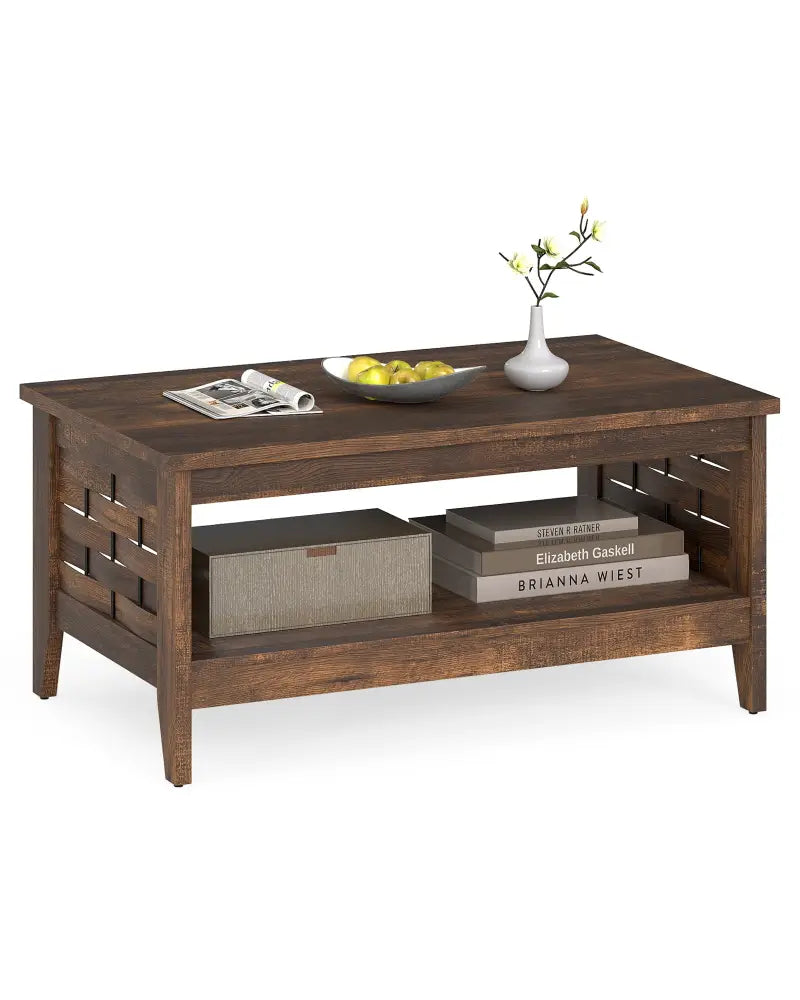2-Tier Farmhouse Coffee Table with Open Shelf and Woven Decorations for Living Room-Rustic Brown - Rustic Brown