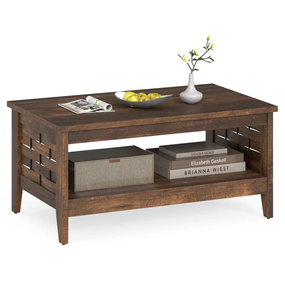 2-Tier Farmhouse Coffee Table with Open Shelf and Woven Decorations for Living Room-Rustic Brown - Rustic Brown