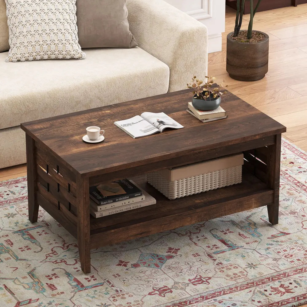 2-Tier Farmhouse Coffee Table with Open Shelf and Woven Decorations for Living Room-Rustic Brown - Rustic Brown