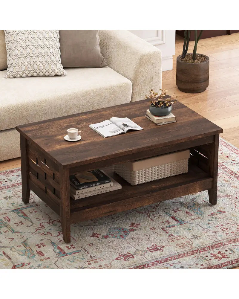2-Tier Farmhouse Coffee Table with Open Shelf and Woven Decorations for Living Room-Rustic Brown - Rustic Brown