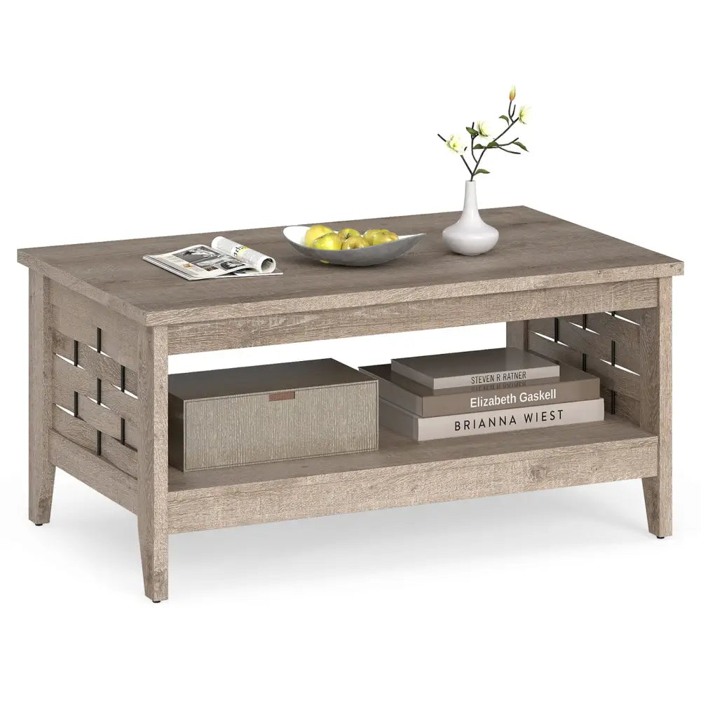 2-Tier Farmhouse Coffee Table with Open Shelf and Woven Decorations for Living Room-Oak - Oak - Coffee Tables