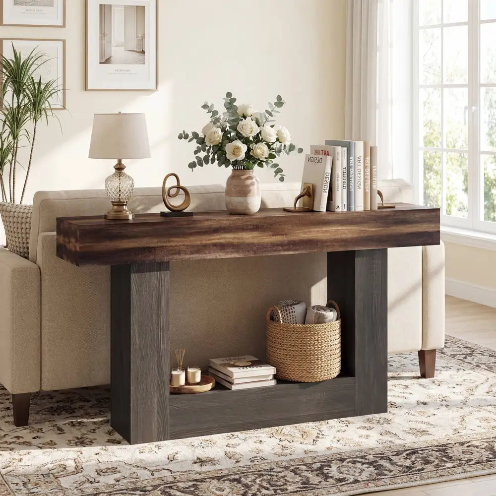 2-Tier Farmhouse Console Table 63’’ Long with Storage Shelf-Rustic Brown - Rustic Brown - Console Tables