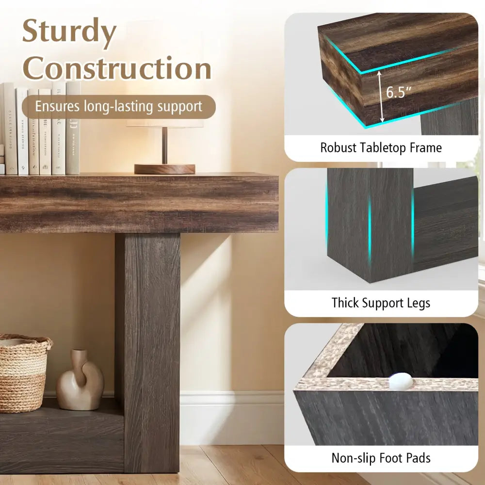 2-Tier Farmhouse Console Table 63’’ Long with Storage Shelf-Rustic Brown - Rustic Brown - Console Tables