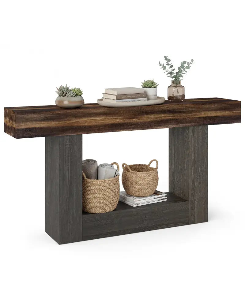 2-Tier Farmhouse Console Table 63’’ Long with Storage Shelf-Rustic Brown - Rustic Brown - Console Tables