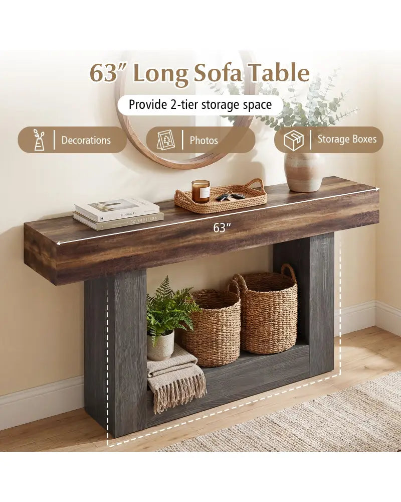 2-Tier Farmhouse Console Table 63’’ Long with Storage Shelf-Rustic Brown - Rustic Brown - Console Tables