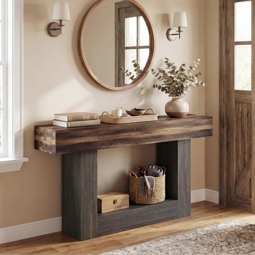2-Tier Farmhouse Console Table 63’’ Long with Storage Shelf-Rustic Brown - Rustic Brown - Console Tables