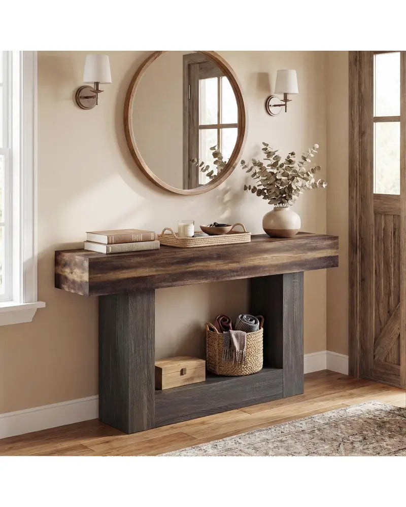 2-Tier Farmhouse Console Table 63’’ Long with Storage Shelf-Rustic Brown - Rustic Brown - Console Tables