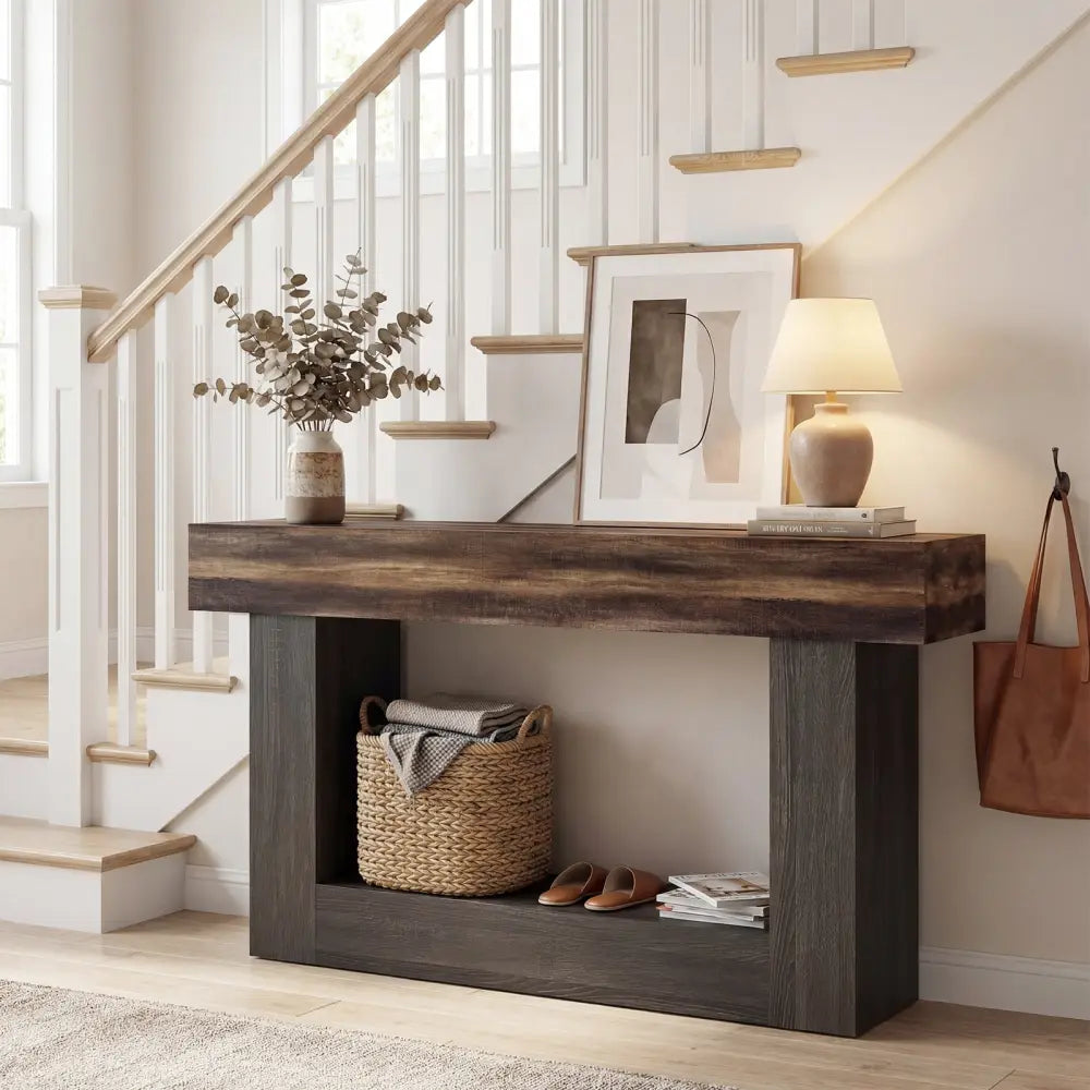 2-Tier Farmhouse Console Table 63’’ Long with Storage Shelf-Rustic Brown - Rustic Brown - Console Tables