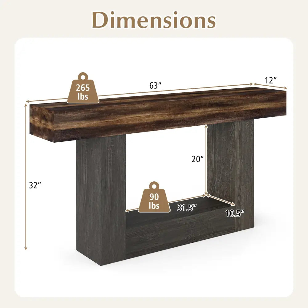 2-Tier Farmhouse Console Table 63’’ Long with Storage Shelf-Rustic Brown - Rustic Brown - Console Tables