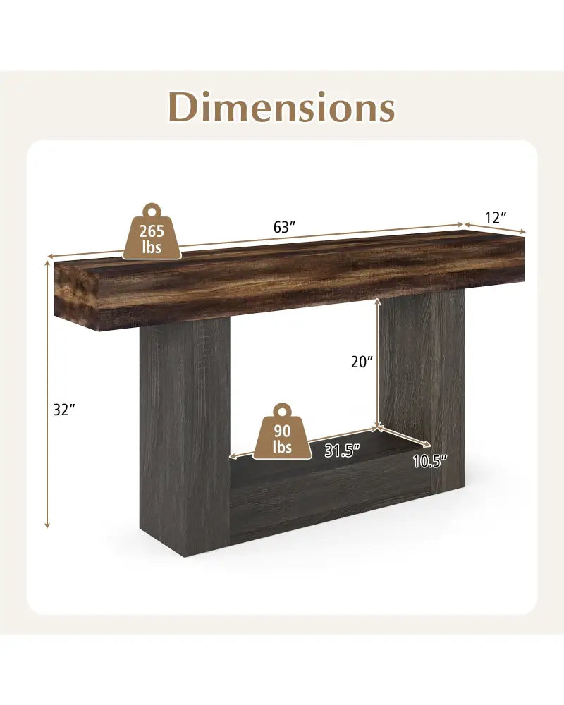 2-Tier Farmhouse Console Table 63’’ Long with Storage Shelf-Rustic Brown - Rustic Brown - Console Tables