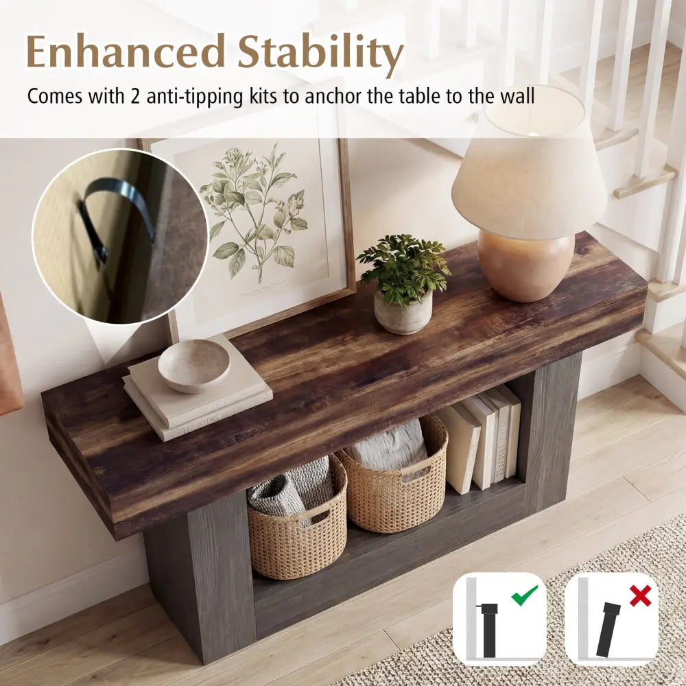 2-Tier Farmhouse Console Table 63’’ Long with Storage Shelf-Rustic Brown - Rustic Brown - Console Tables