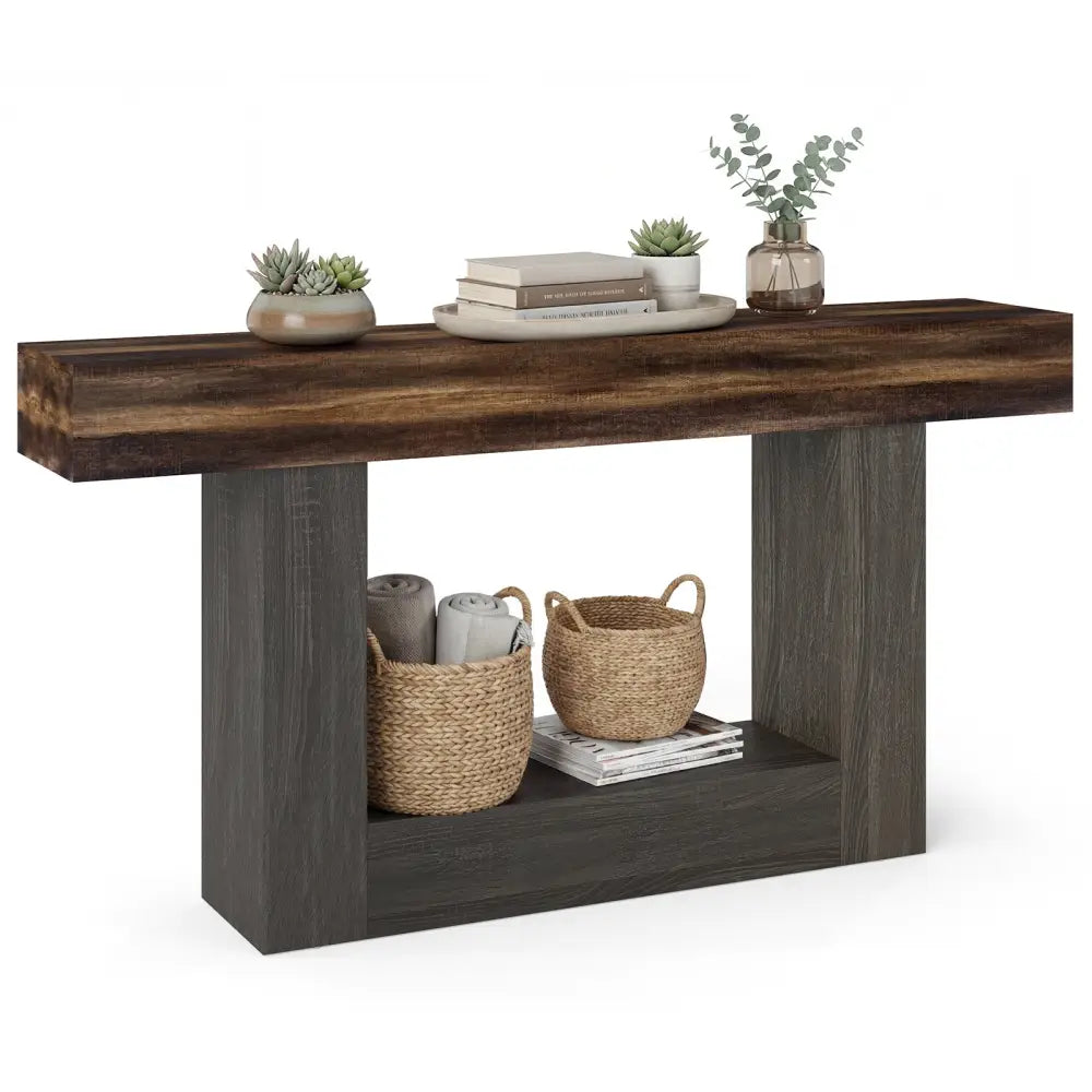 2-Tier Farmhouse Console Table 63’’ Long with Storage Shelf-Rustic Brown - Rustic Brown - Console Tables