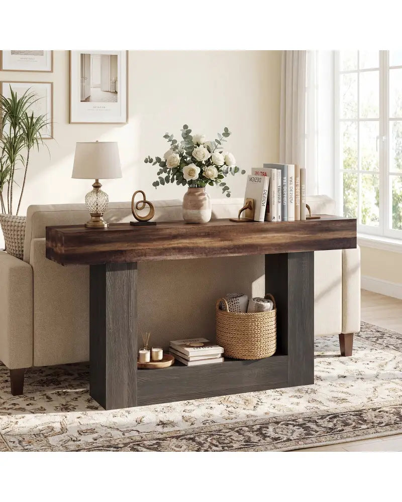 2-Tier Farmhouse Console Table 63’’ Long with Storage Shelf-Rustic Brown - Rustic Brown - Console Tables