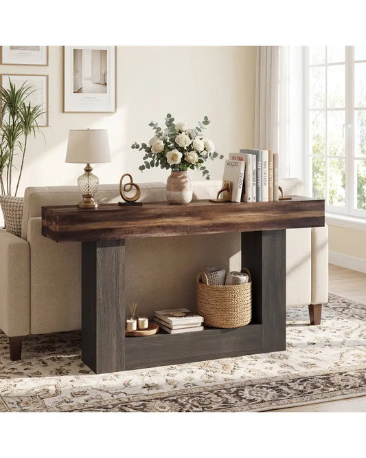 2-Tier Farmhouse Console Table 63’’ Long with Storage Shelf-Rustic Brown - Rustic Brown - Console Tables
